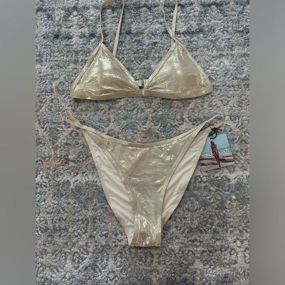 MEW Sandy Beach Sexy Metallic Gold Triangle Bikini Top size L Bottom size XL - Picture 2 of 6